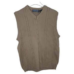 OSCAR DE LA RENTA Men's Khaki Beige V-Neck Sweater Vest Cable Knit Size XL